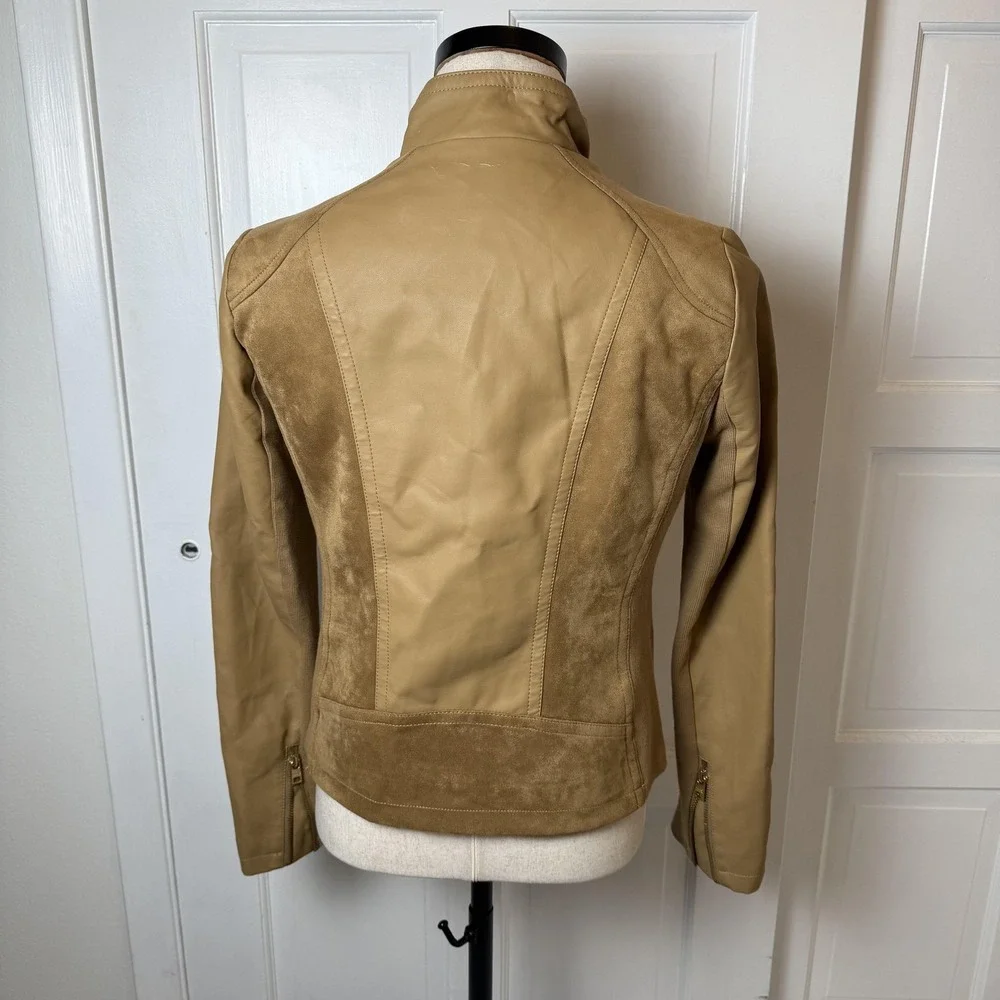 Marc New York Jacket Womens Medium Tan‎ Faux Leather Full Zip Moto Style Pockets